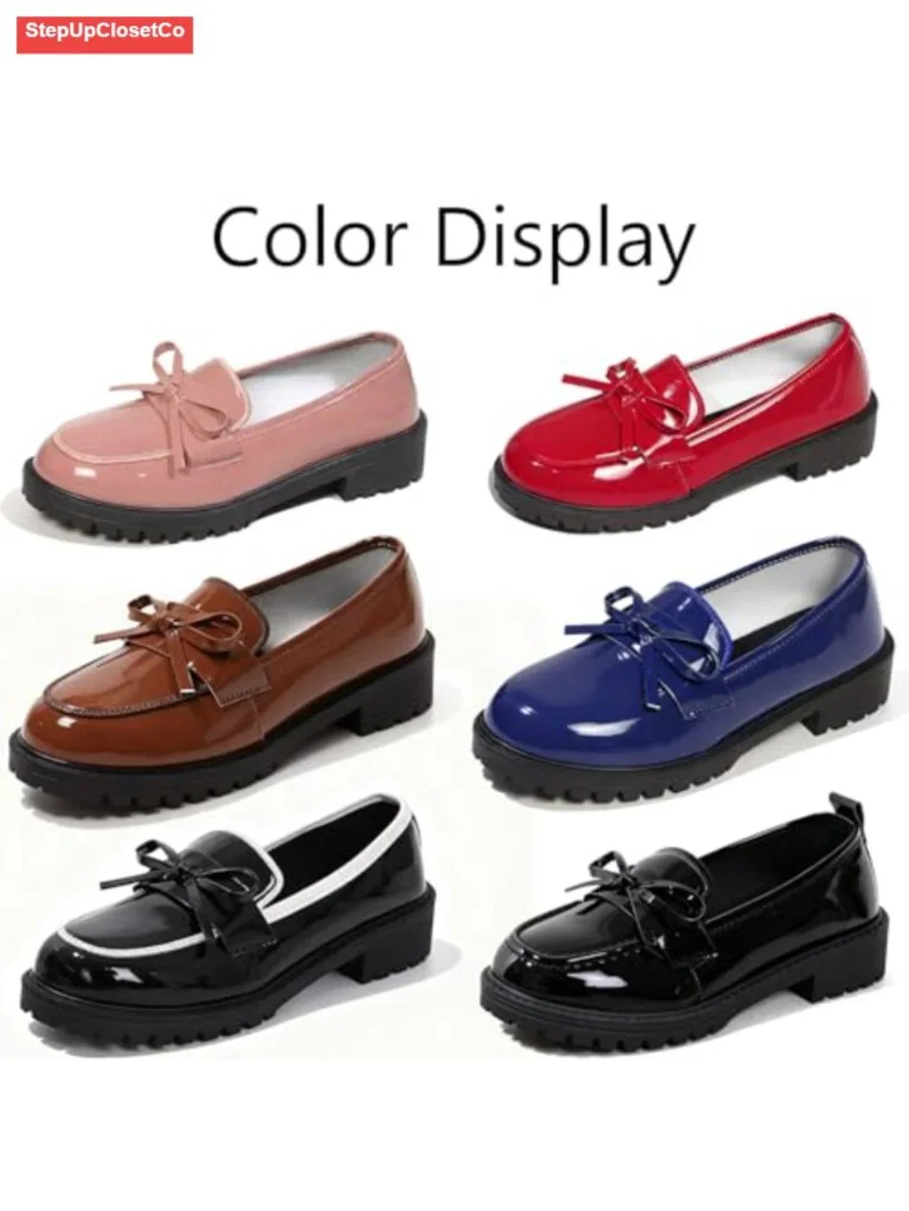 Patent Leather Bow Loafers Chunky Heel Lug Sole Round Toe Slip-On Work Shoes